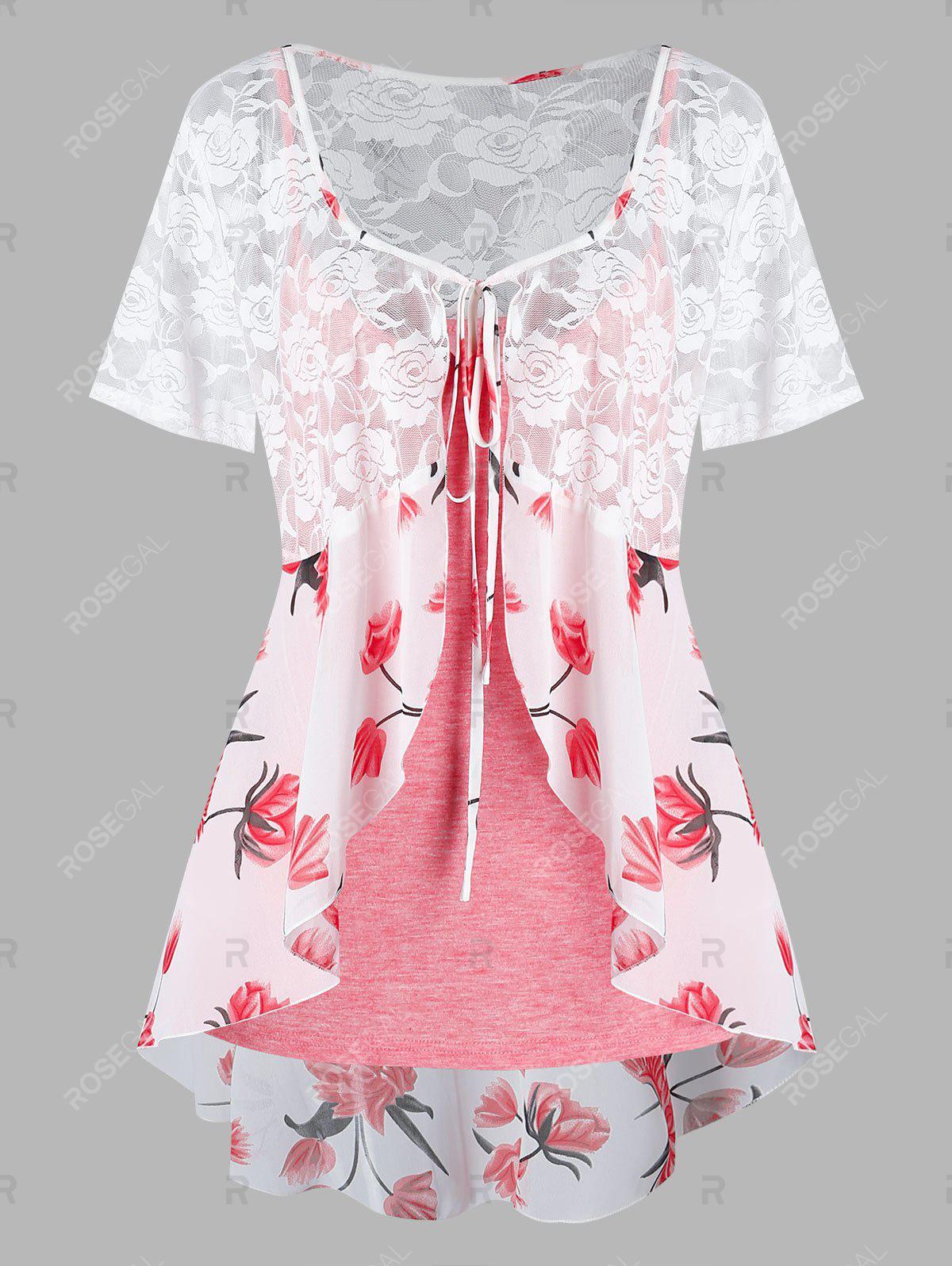 Floral Tie Blouse and Cami Top Set and High Waist 3D Print Capri Skinny Leggings Plus Size Summer Outfit
