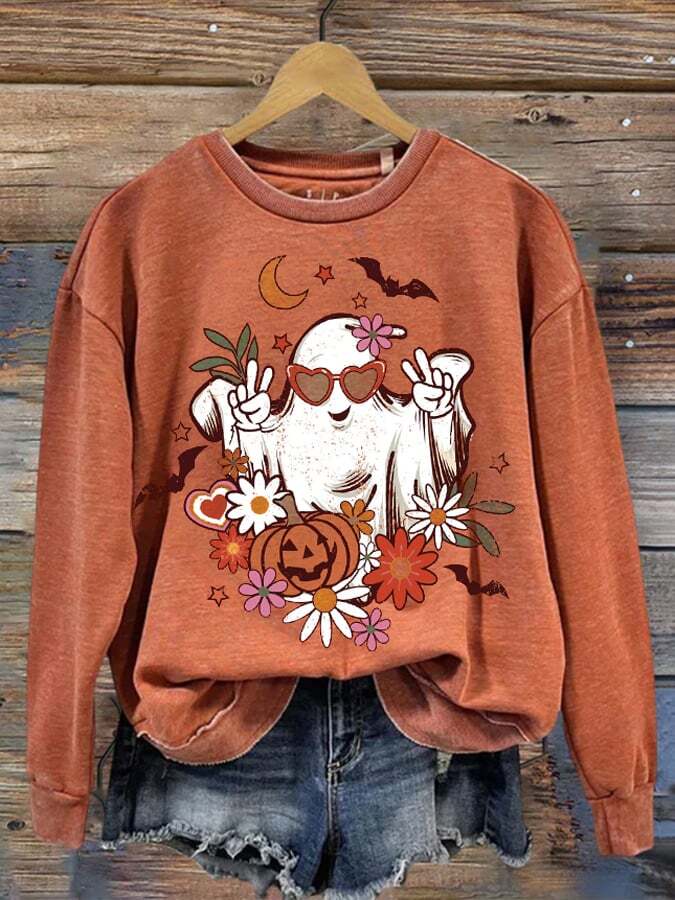 Retro Floral Ghost Print Round Neck Sweatshirt - vikrasseth