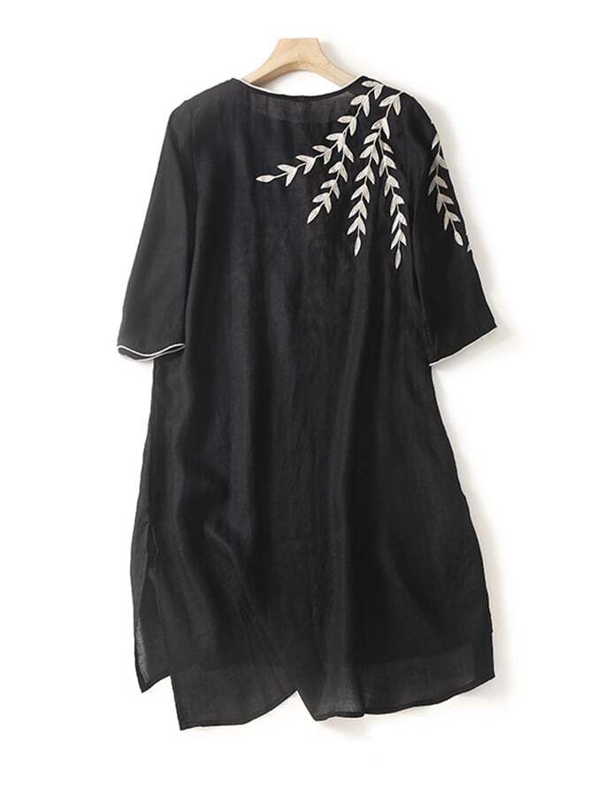 Embroidered Loose Cotton And Linen 3/4 Sleeve Dress