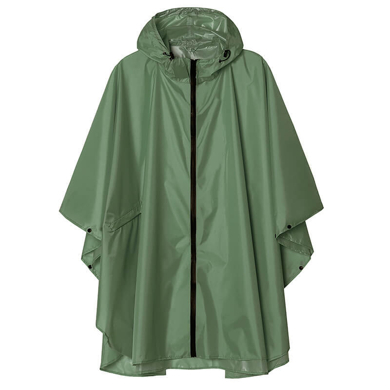 Unisex Solid Zip Up Hooded Rain Poncho With Pockets
