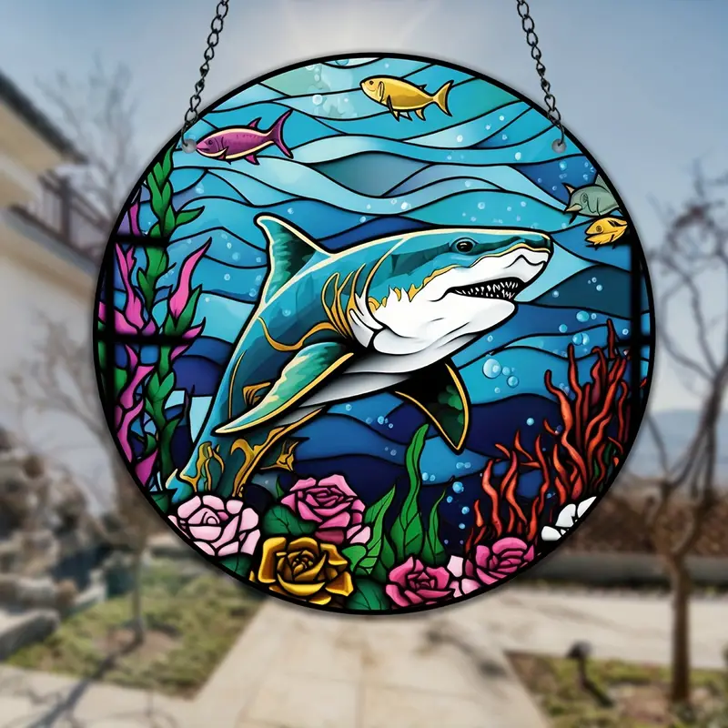 1pc Deep Sea Creature Shark and Flower Memorial Gifts, Shark Suncatcher, Stained Glass Window Hanging Decor, Shark Lovers Gifts Ornaments, Loss Of Shark Sympathy Gifts