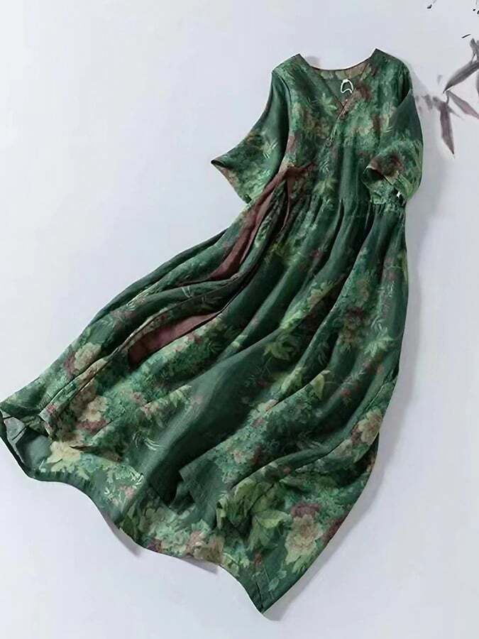 Vintage Elegant Print Strap V-Neck Dress