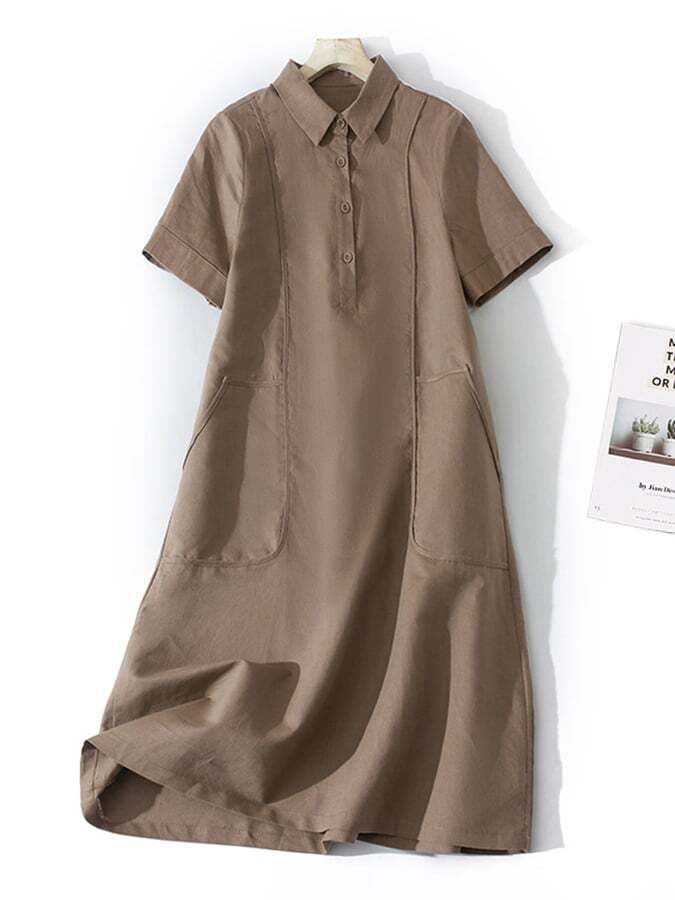 Loose Solid Cotton Linen Lapel Short Sleeve Dress