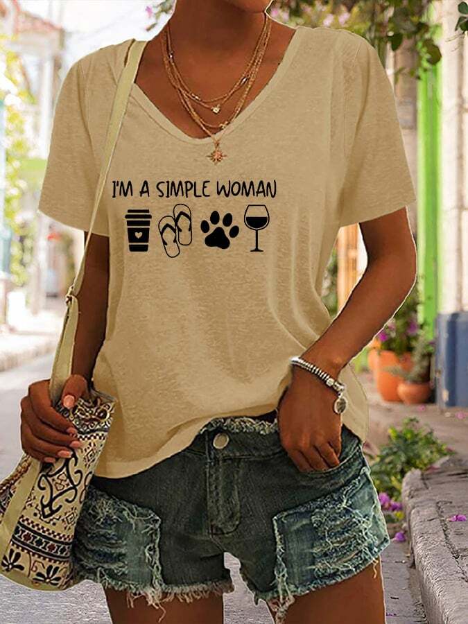 Women's  I'm A Simple Woman Dog Paws Print Casual V-Neck Tee