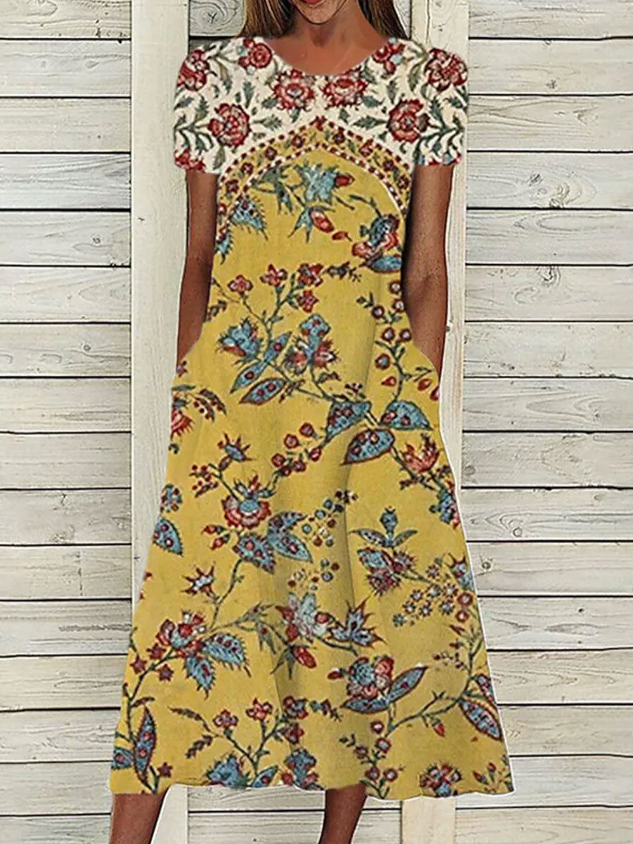 Round Neck Loose Casual Floral Print Short Sleeve Midi Dress