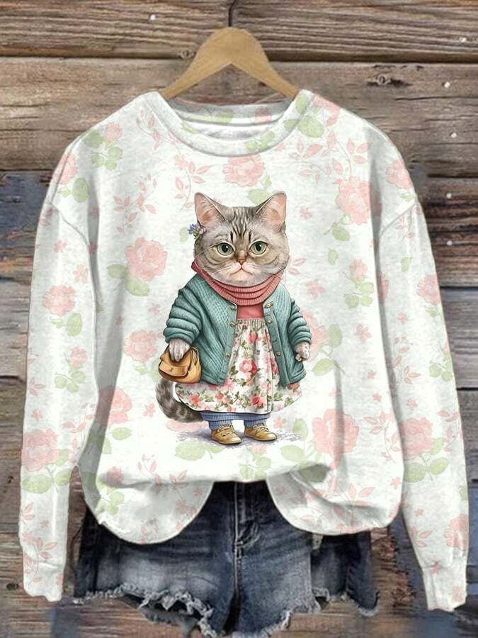 Women's Floral Cat Print Casual Long Sleeve Sweatshirt