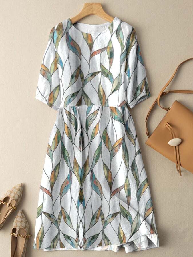 Fashionable Elegant Oil Painting Leaf Print Dress