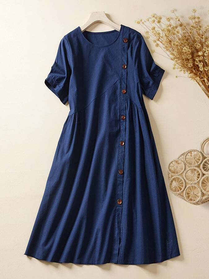 Solid Color Loose Fitting Short Sleeved Single Breasted High Waisted Dress