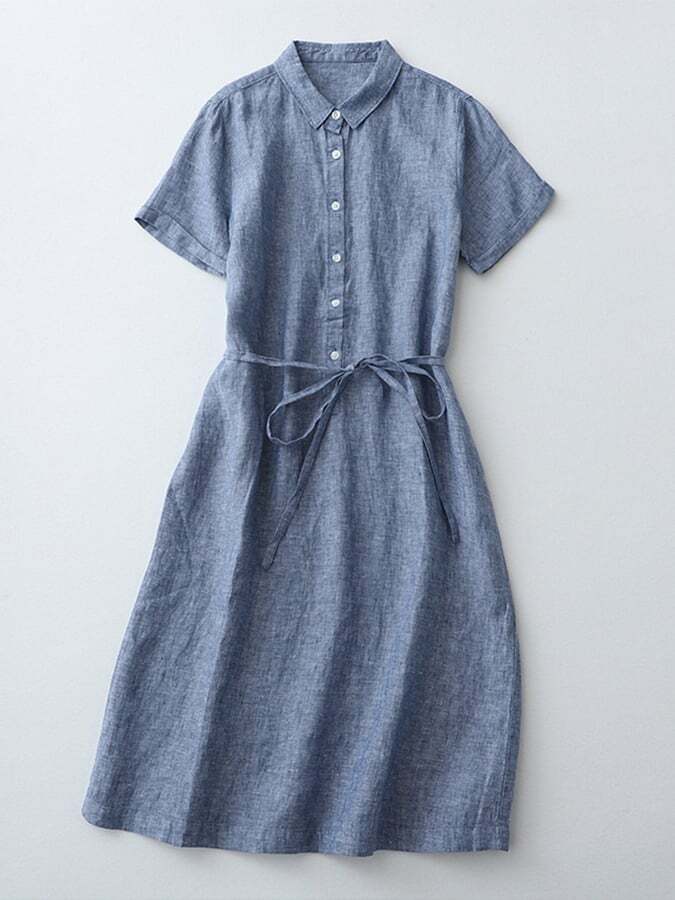 Cotton And Linen Half Open Button Tie Up Short Sleeved Dress