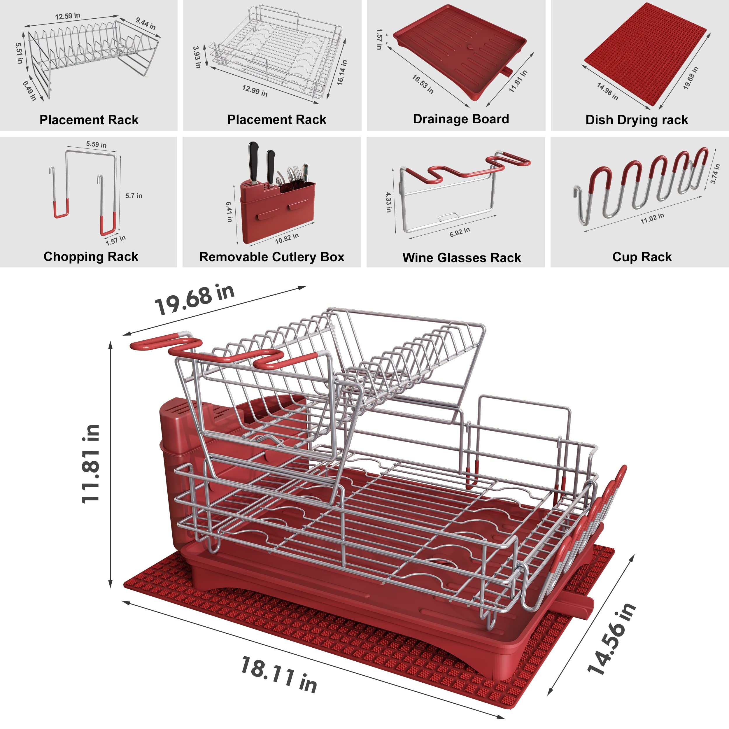 Dish Drying Racks for Kitchen Counter, Stainless Steel 2 Tier Black Dish Dryer Rack with Drainboard Set, Large Dish Drainers with Wine Glass Holder, Utensil Holder and Dryer Mat