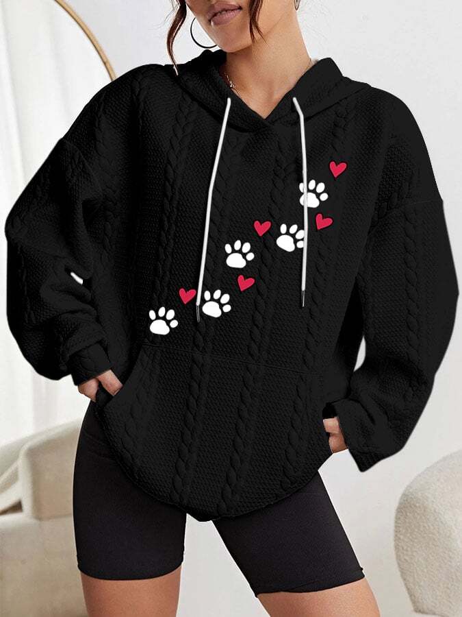 Women's Puppy Paw Print Heart Print Cable Hoodie