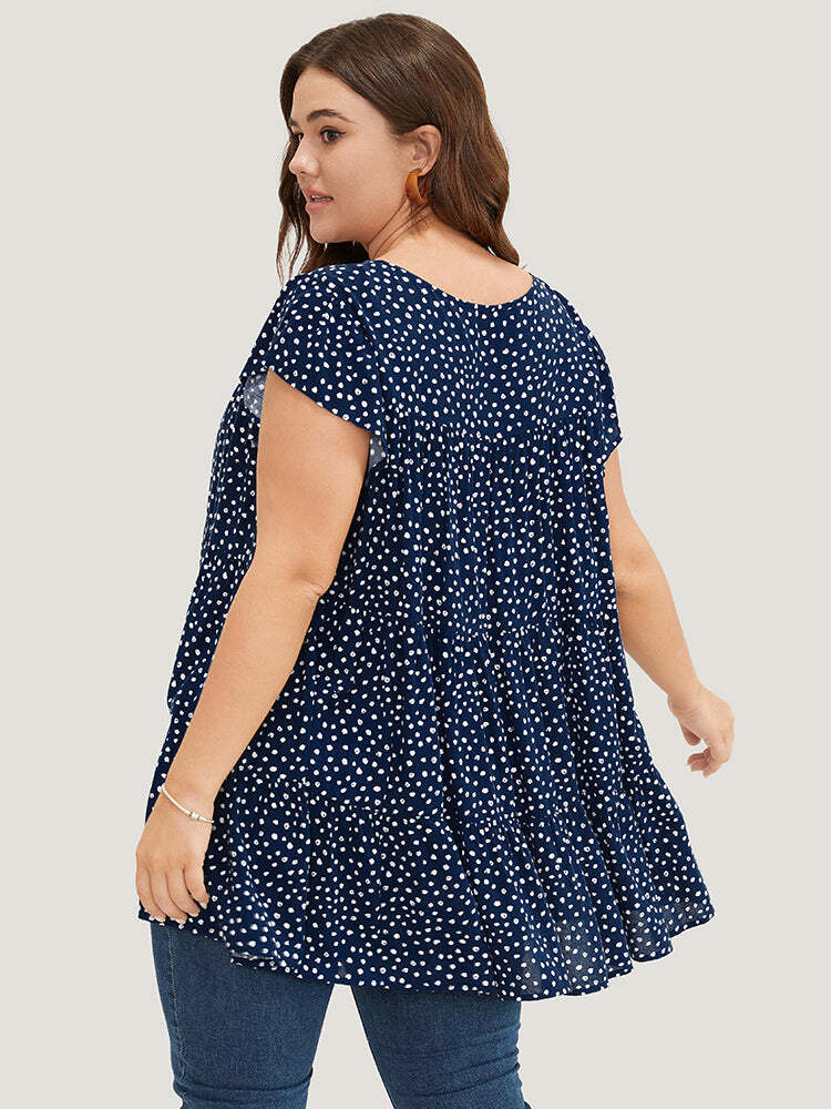 🌸Allover Print Cap Sleeve Ruffle Hem Gathered Blouse