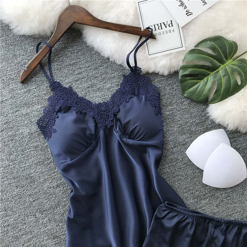 Sexy faux silk split lace pajamas set