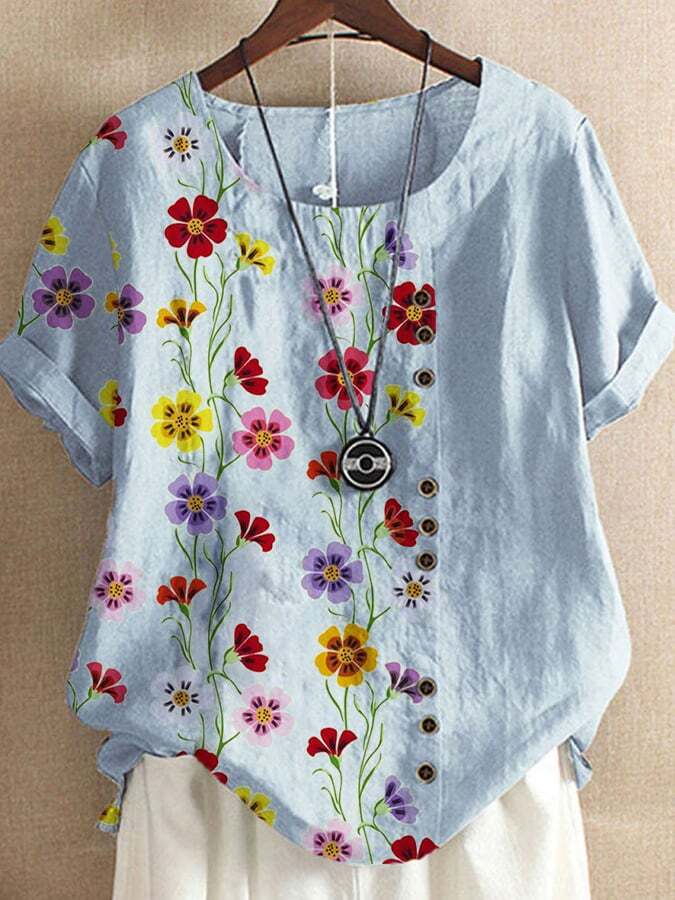 Women's Casual Flower Printed Cotton And Linen Top