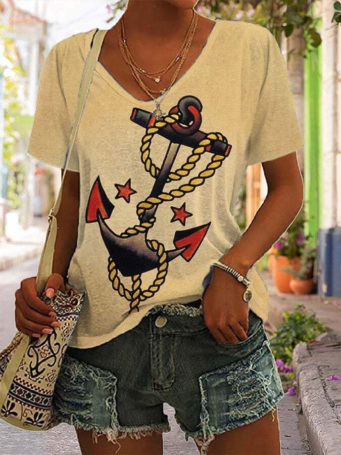 Women'S Anchor Tattoo V-neck Print T-Shirt