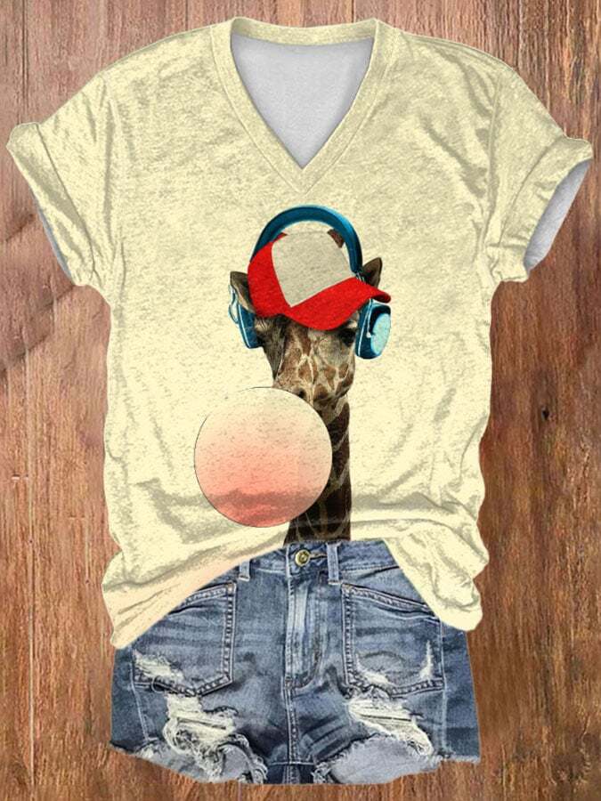 V-neck Bubble Gum Cool Giraffe With Headphones Print T-Shirt