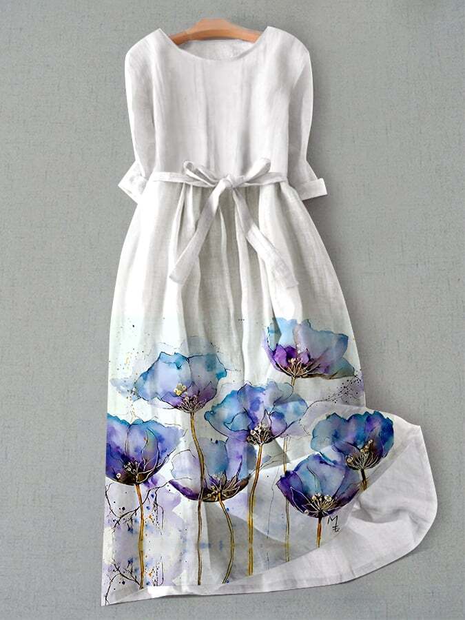 Casual Artistic Watercolor Floral Print Dress
