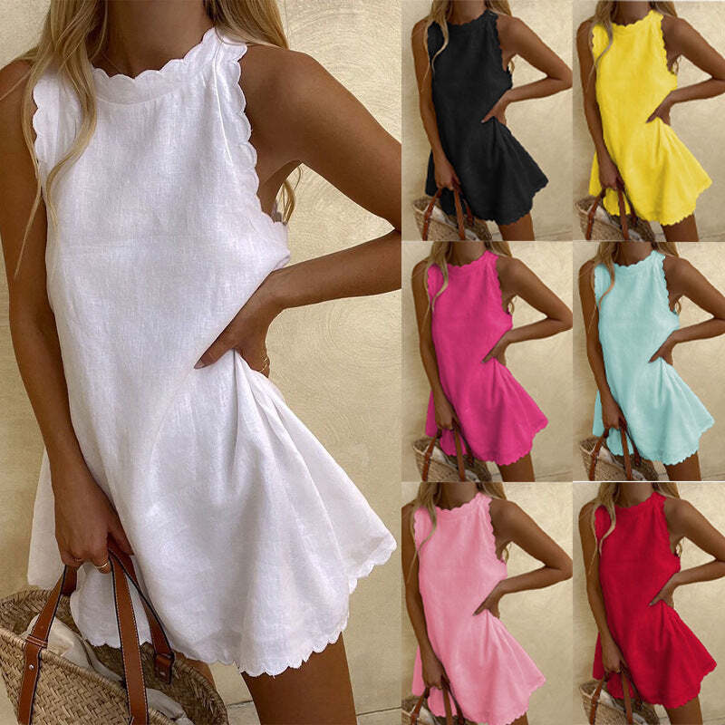 Cotton linen solid color women's dress