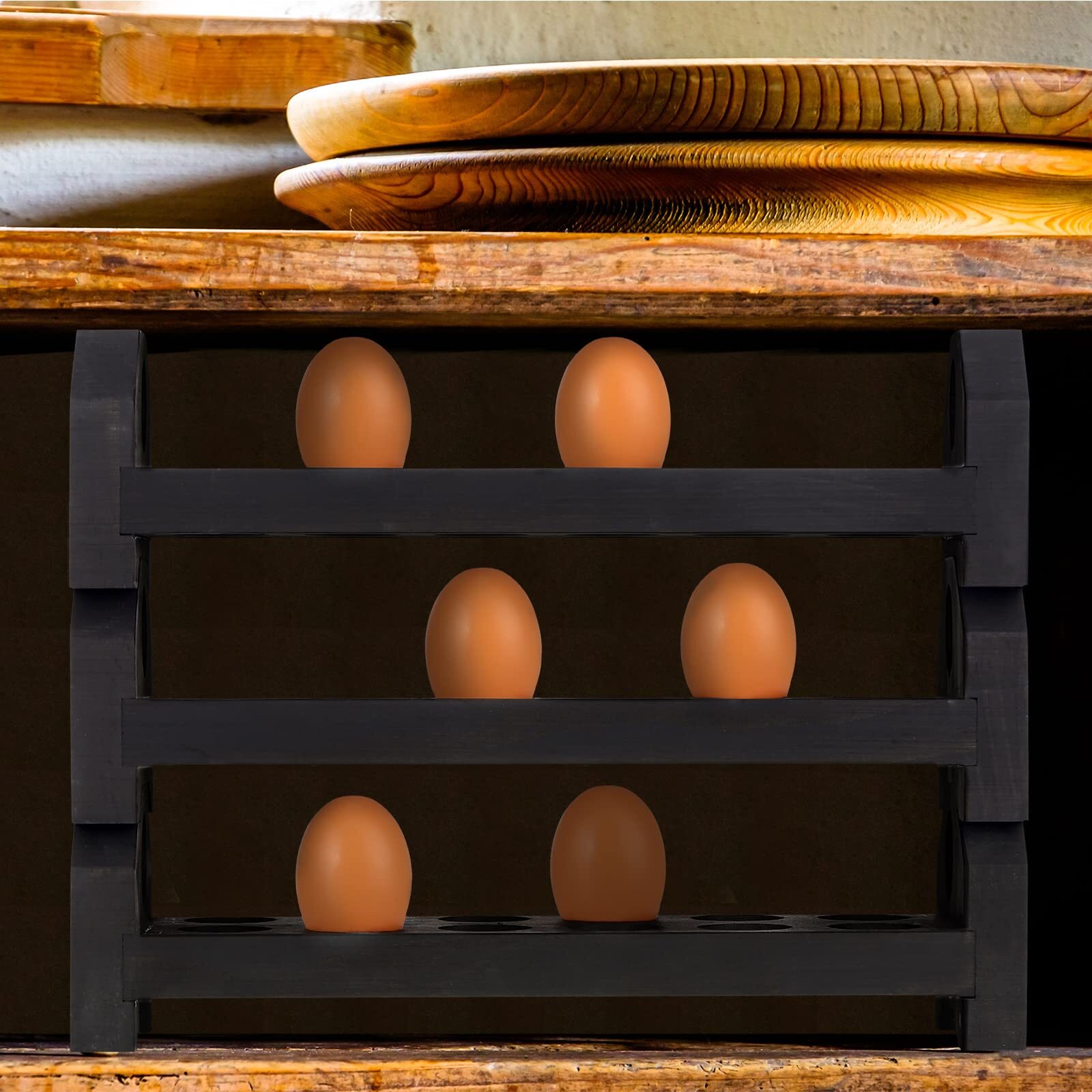 Set of 3 36 Holes Wooden Egg Holder Countertop Stackable Egg Rack Rustic Wooden Egg Tray Fresh Egg Container Rack Deviled Egg Tray Organizer for Kitchen Counter Storage, 13.9 x 3.9 x 3.9 Inch