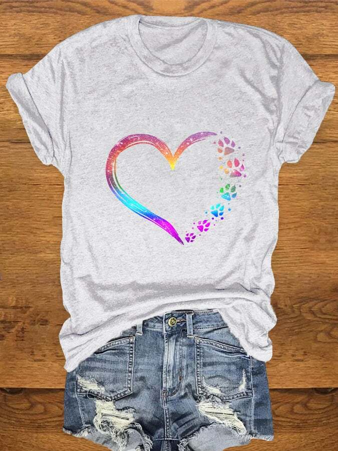 Women's Colorful Heart Dog Paw Print T-shirt