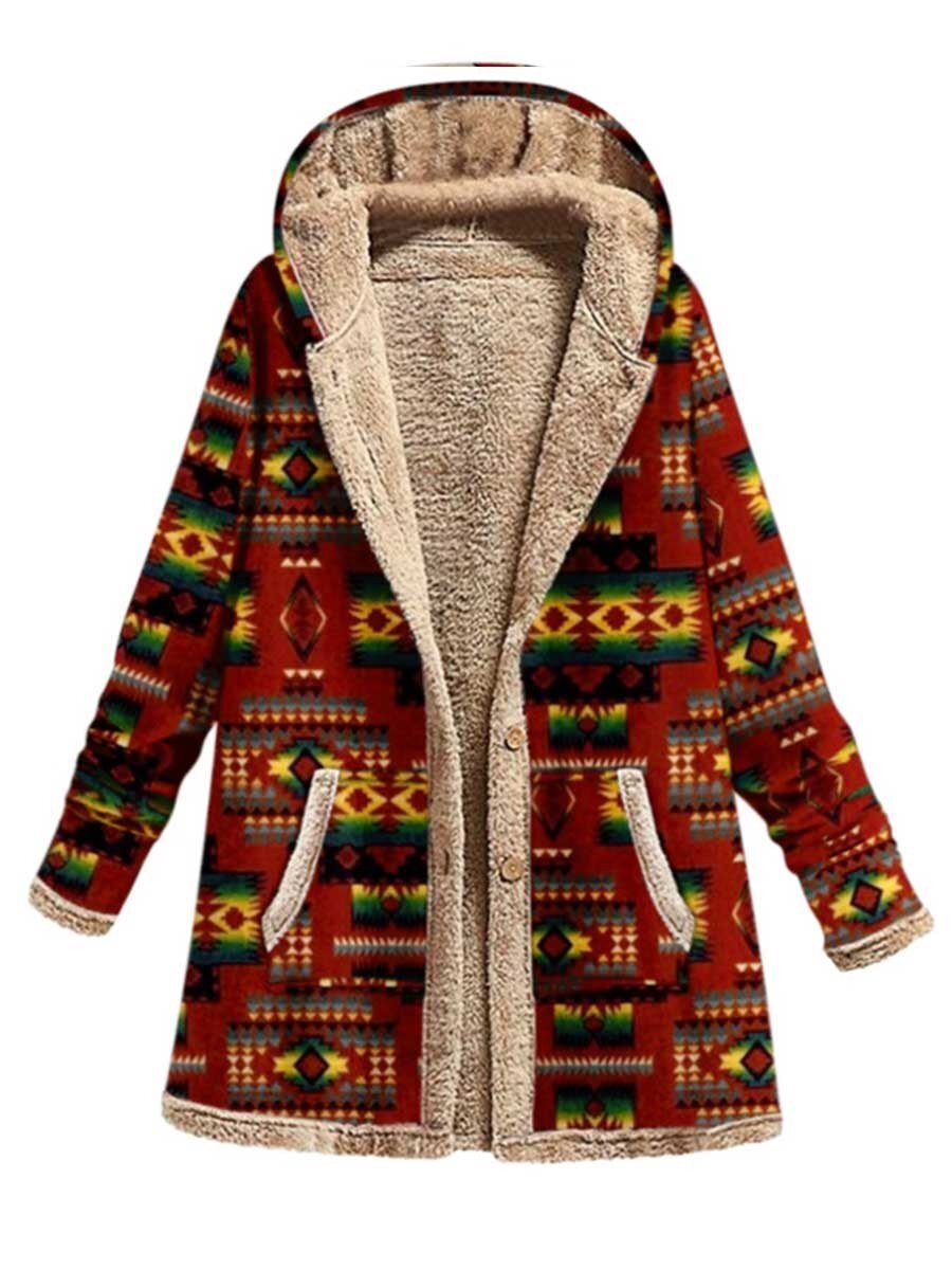 Women's Aztec Tribe Print Casual Fleece Cardigan Coat