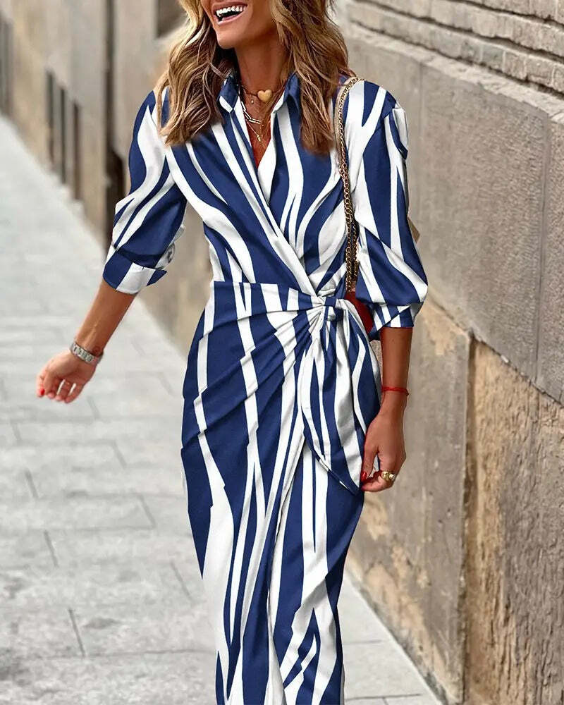 Wild Blue and White Vertical Stripe Tie Waist Midi Dress