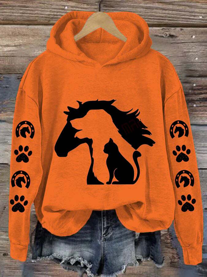 Women's Cat Dog Horse Silhouette Print Hooded Sweatshirt