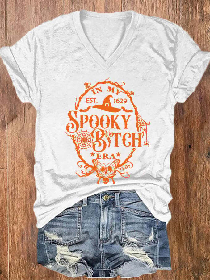 Women's Halloween In My Spooky B*tch Era Est.1629 Printed V-Neck T-Shirt