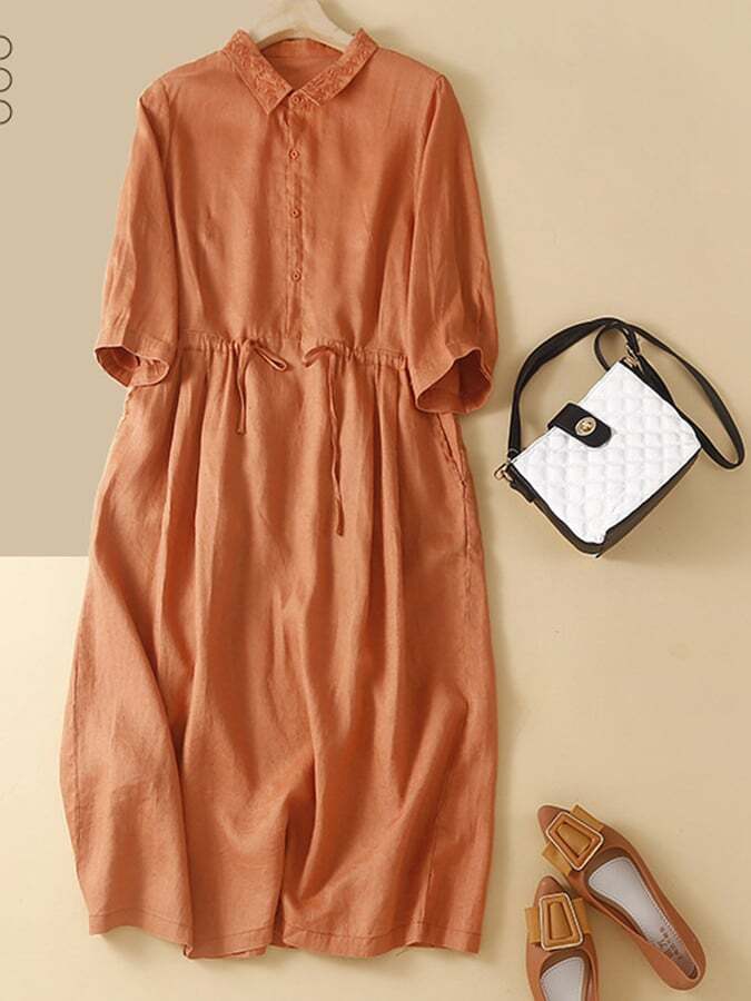 Cotton And Linen Solid Color Shirt Collar Retro Style Dress