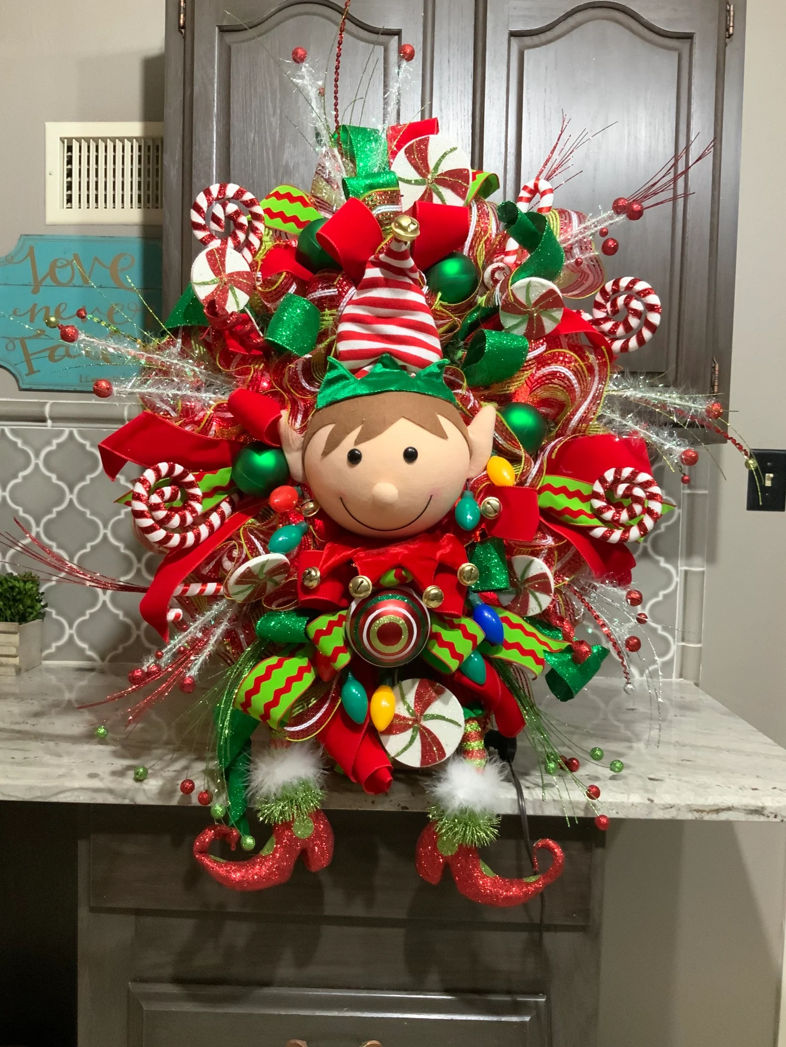 Elf Wreath, Lighted Christmas wreath, Christmas Door wreath, Door Decor, christmas Decor
