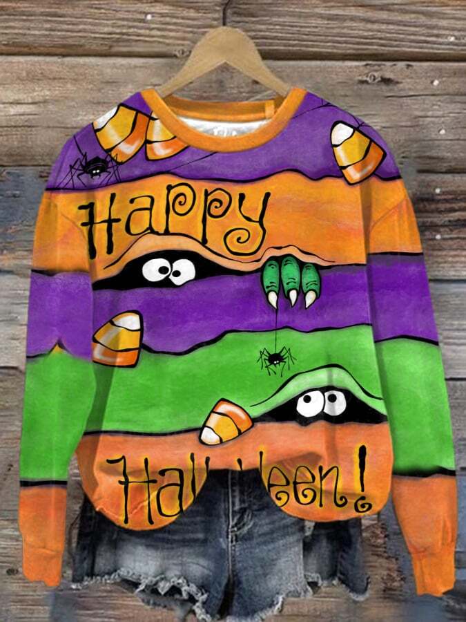 Women's Casual Halloween Peek Monster Print Long Sleeve Sweatshirt