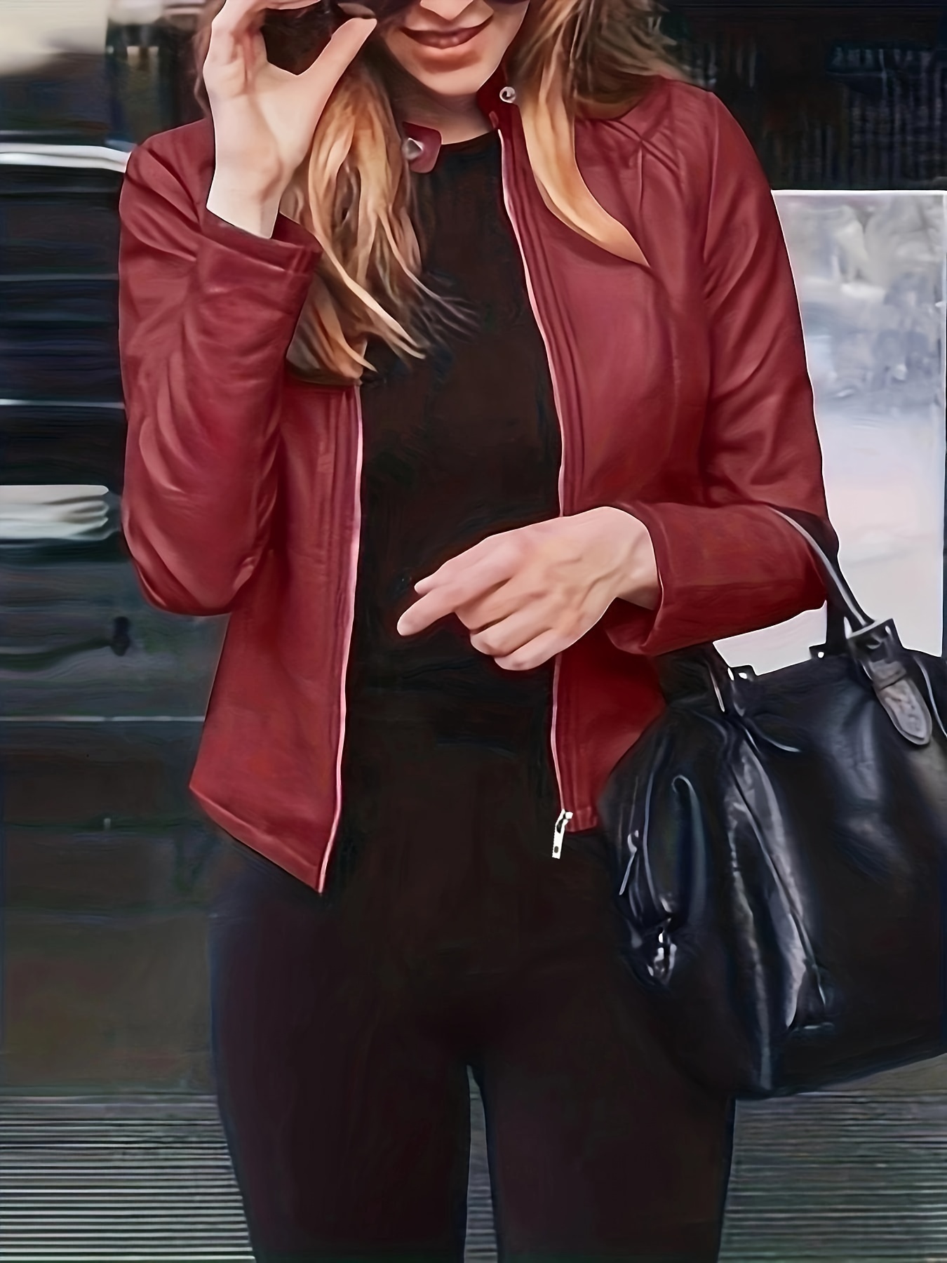 Solid Zipper Front Leather Crop Jacket, Casual Long Sleeve Jacket For Fall & Spring, Women's Clothing