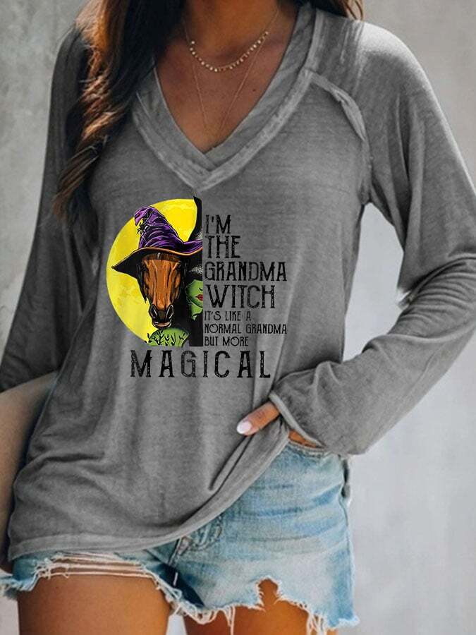 Women's Halloween I'm the Grandma Witch Print V-Neck Top
