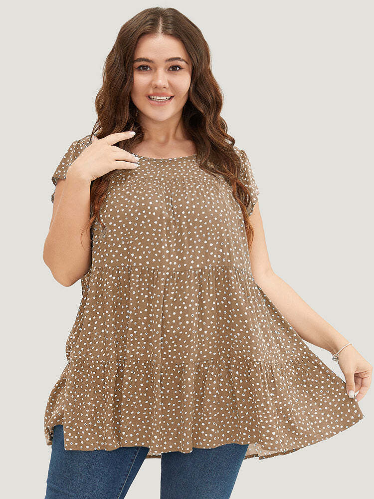 🌸Allover Print Cap Sleeve Ruffle Hem Gathered Blouse