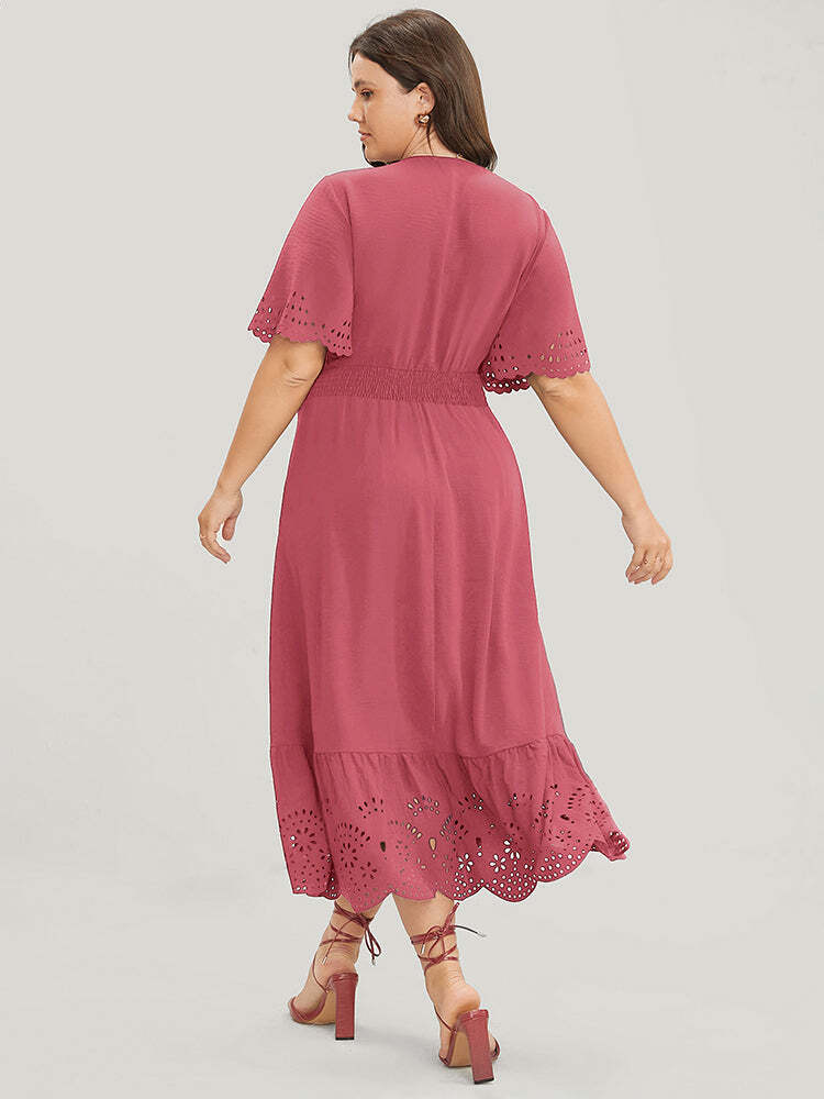 Solid Laser Cut Shirred Pocket Wrap Scalloped Trim Flutter Dress