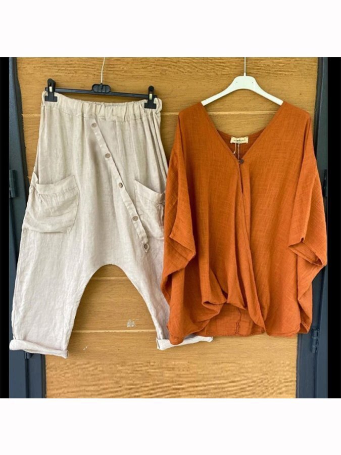 Women's loose v-neck top and drop pants two-piece set