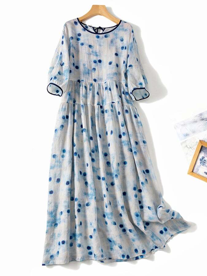 Cotton Linen Blue Polka Dot Printed Loose Dress