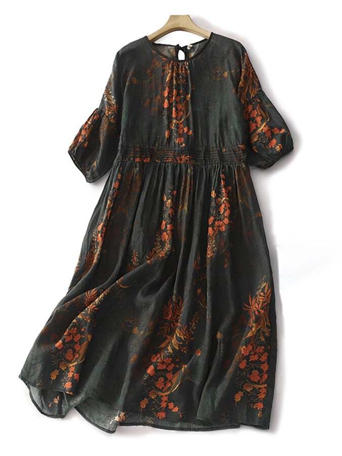 Vintage Printed Pleated Round Neck Midi Dress