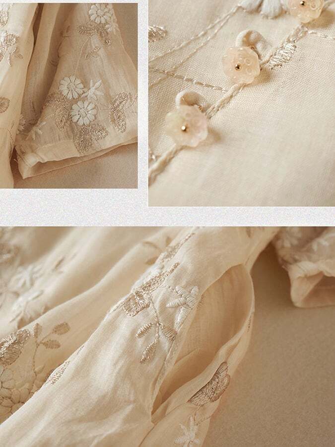 Art Retro Embroidery Pankou Button 3/4 Sleeve Dress