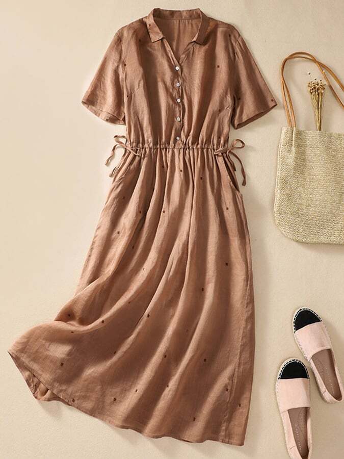 Cotton And Linen Embroidered Waist Tied Loose Dress
