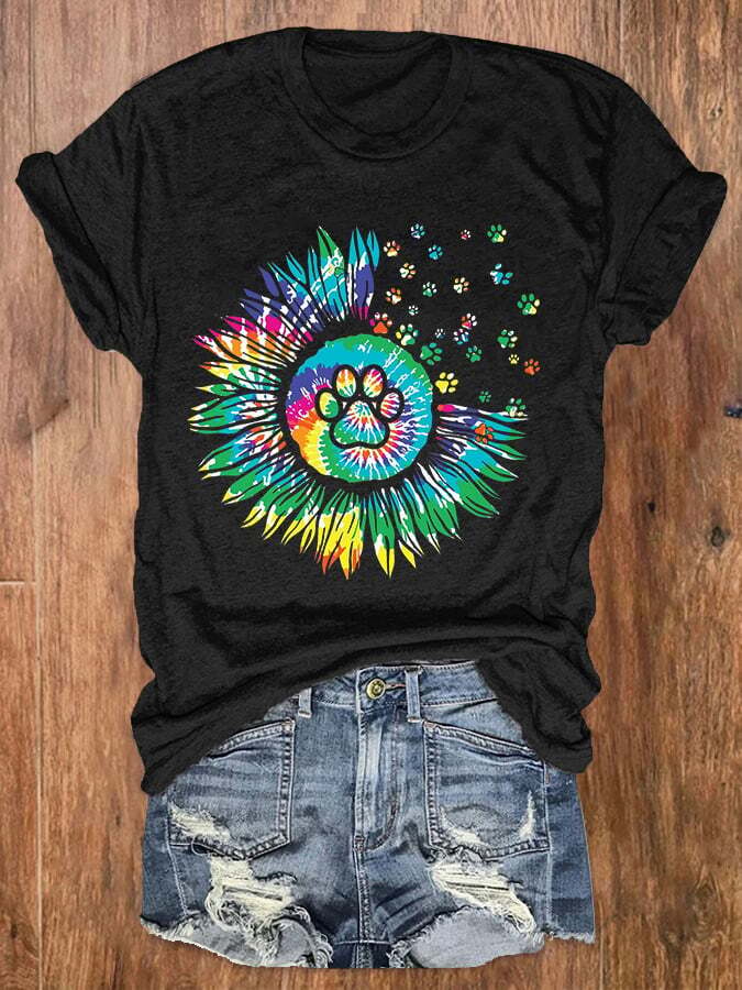 Women's Colorful Sunflower Dog Paw Graphic Tee