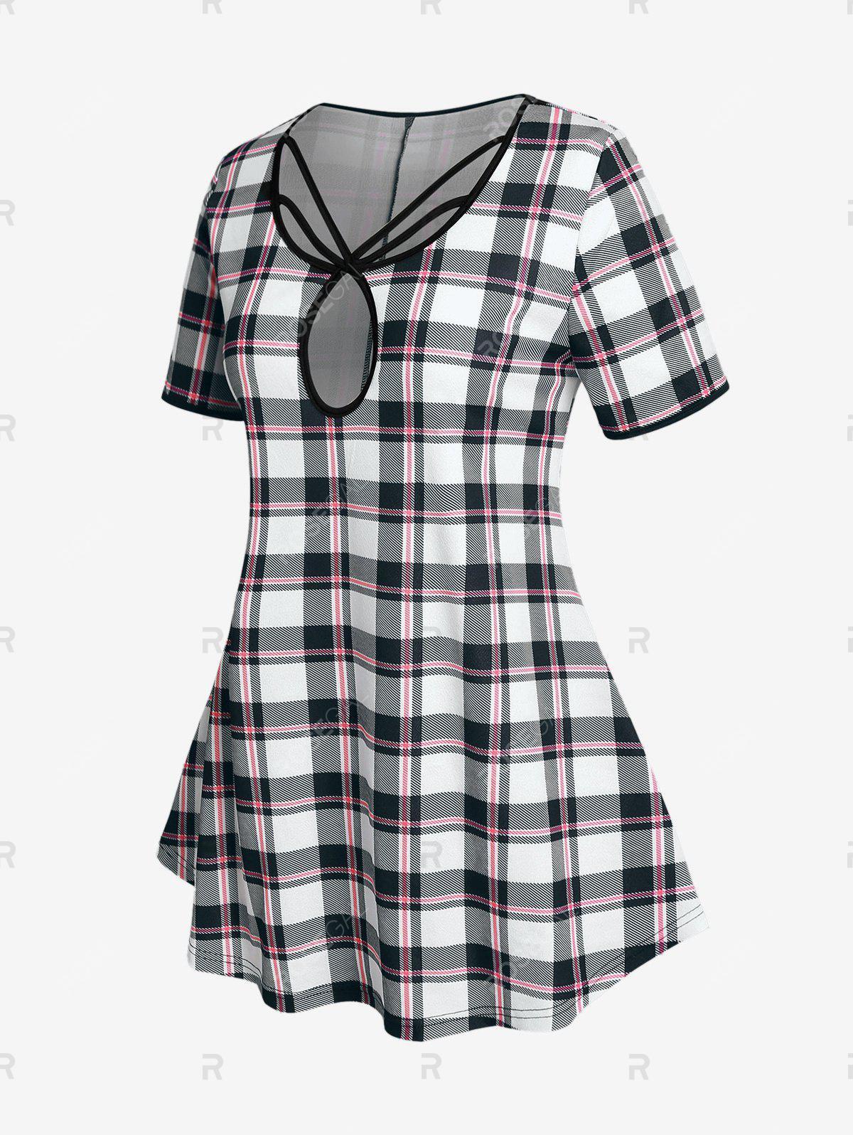 Strappy Keyhole Plaid T-shirt and Leggings Plus Size Summer Outfit