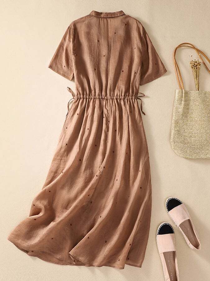 Cotton And Linen Embroidered Waist Tied Loose Dress