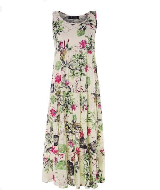 Vintage Floral Print Sleeveless Crew Neck Long Dress