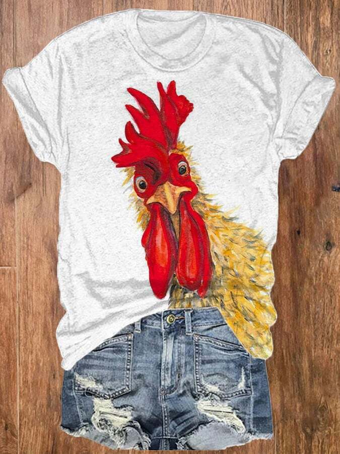 Women's   Funny Rooster Print Casual O-Neck Tee