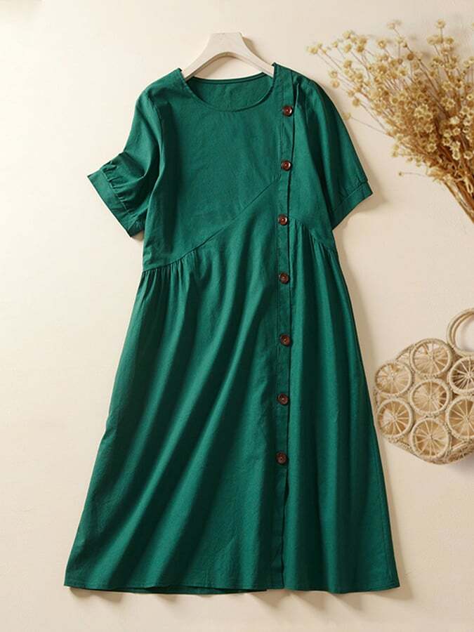 Solid Color Loose Fitting Short Sleeved Single Breasted High Waisted Dress