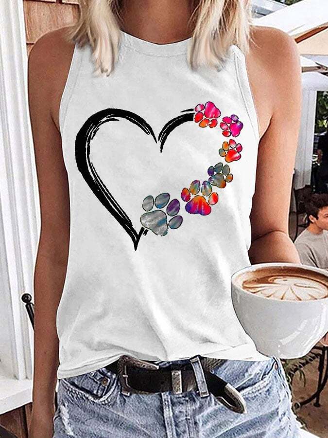Women's Heart Paw Dog Lover Heart Print Sleeveless T-Shirt