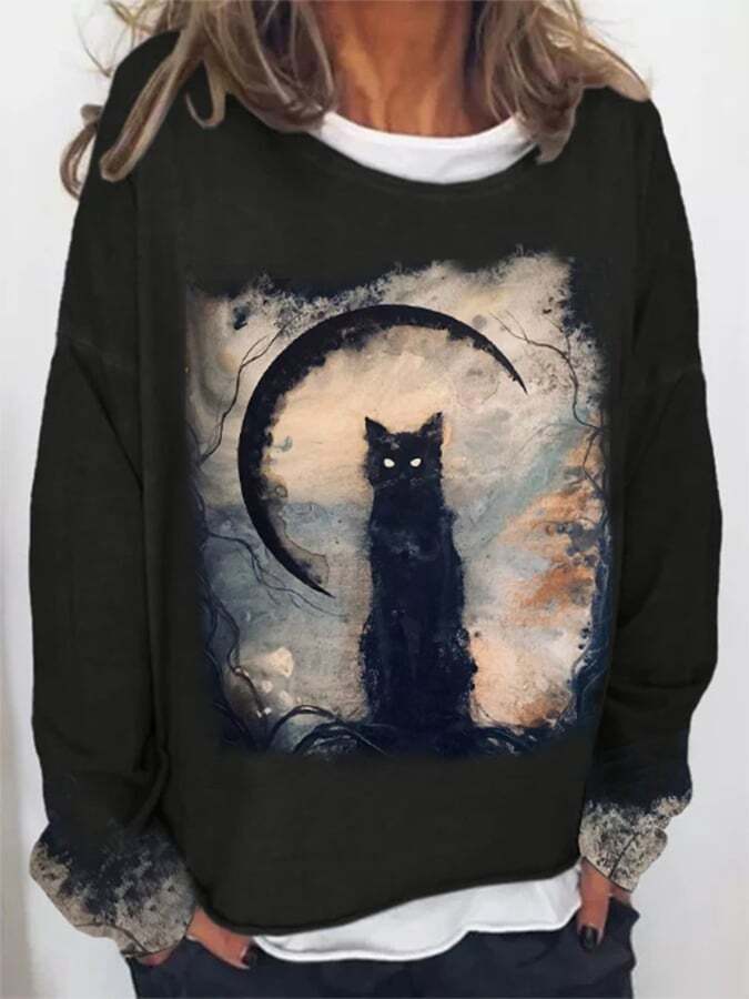 Halloween Vintage Cat Print Sweatshirt