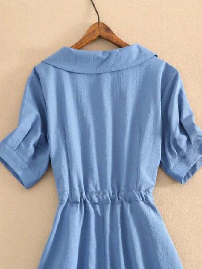 French Fresh Short Sleeve Waistband Mid Length Solid Color Dress