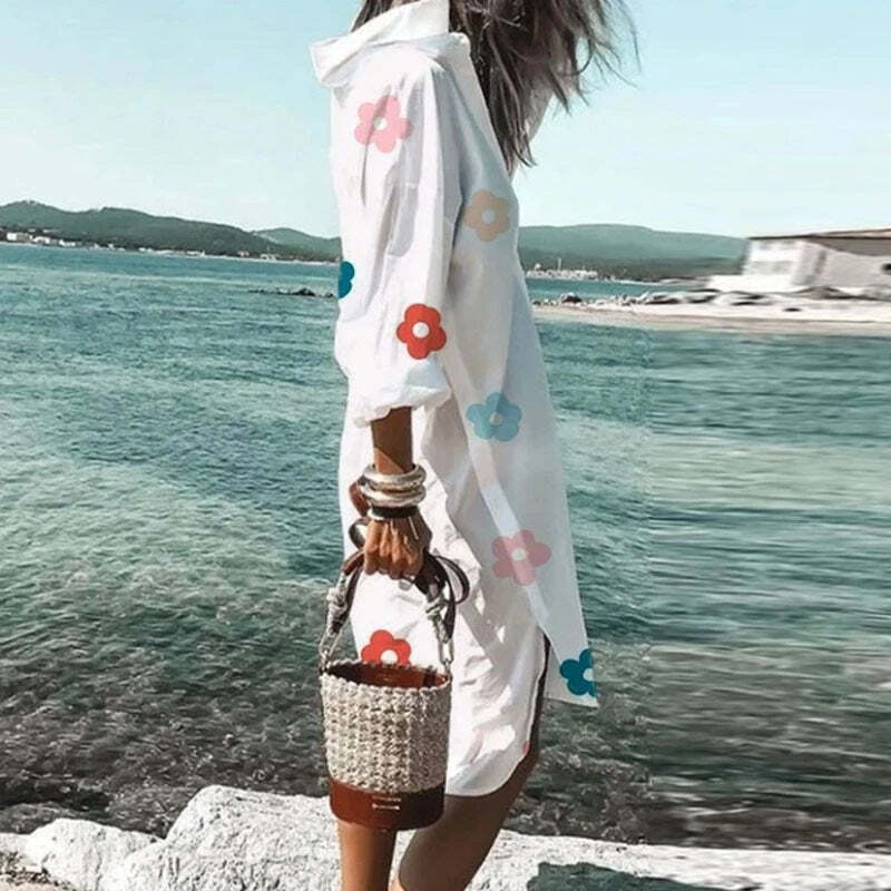 Long Sleeve Floral Print Irregular Midi Shirt Dress